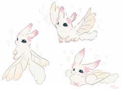 Size: 2048x1504 | Tagged: safe, artist:petaltwinkle, imported from derpibooru, fluttershy, rabbit, winged rabbit, :3, :<, animal, blushing, bunnified, bunnyshy, chest fluff, colored pinnae, ear blush, eyelashes, female, floating heart, flower, flower on ear, frown, heart, leg blush, long tail, looking back, makeup, simple background, sitting, smiling, solo, sparkles, species swap, spread wings, standing, tail, teal eyes, triality, white background, white fur, white tail, wingding eyes, wings