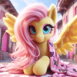 Size: 1024x1024 | Tagged: safe, imported from ponybooru, fluttershy, pegasus, pony, ai content, ai generated, bing, blanket, female, fluffy, looking at you, mare, ponyville, solo, spread wings, wings