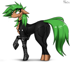 Size: 2028x1833 | Tagged: safe, artist:fenixdust, imported from twibooru, oc, oc only, oc:fokienia, cyborg, pony, fanfic:cypress zero, clothes, female, image, looking at you, looking back, looking back at you, mare, png, raised leg, signature, simple background, solo, white background