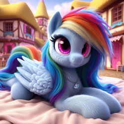 Size: 1024x1024 | Tagged: safe, imported from ponybooru, rainbow dash, pegasus, pony, ai content, ai generated, bing, blanket, female, fluffy, folded wings, jewelry, lying on the ground, mare, pendant, ponyville, prone, solo, wings