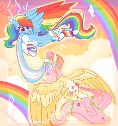 Size: 2589x2756 | Tagged: safe, artist:jezebel_remedy, imported from derpibooru, fluttershy, rainbow dash, pegasus, pony, alternate cutie mark, blaze (coat marking), cloud, cloud pattern, coat markings, colored wings, duo, duo female, eyebrows, eyebrows visible through hair, facial markings, female, flower, flower in hair, flutterdash, flying, high res, lesbian, lesbian pride flag, mare, mouth hold, multicolored wings, pride, pride flag, rainbow, rainbow wings, shipping, smiling, socks (coat markings), spread wings, tail, transgender, transgender pride flag, wings, wristband