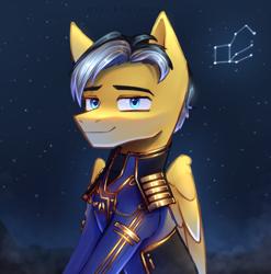 Size: 2958x3000 | Tagged: safe, artist:opal_radiance, imported from derpibooru, oc, oc only, oc:moon sparks, pegasus, pony, clothes, commission, constellation, dress uniform, male, mass effect, military uniform, solo, stallion, stallion oc, uniform