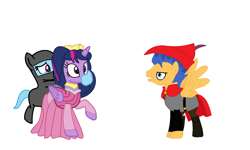 Size: 1204x720 | Tagged: safe, artist:brightstar40k, imported from derpibooru, flash sentry, rainbow dash, twilight sparkle, alicorn, pegasus, pony, unicorn, hoof over mouth, horn, kidnapped, ninja, simple background, sleeping beauty, twilight sparkle (alicorn), white background