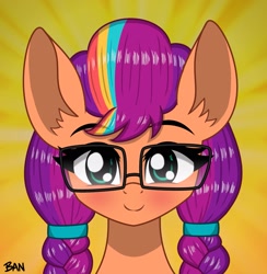 Size: 1747x1790 | Tagged: safe, artist:banquo0, imported from derpibooru, sunny starscout, earth pony, pony, alternate hairstyle, blushing, braid, braided pigtails, bust, eyebrows, eyebrows visible through hair, g5, glasses, looking at you, mane stripe sunny, my little pony: tell your tale, pigtails, smiling, solo