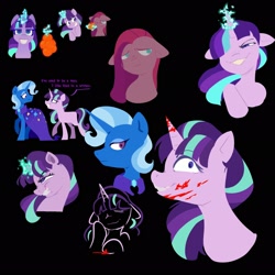 Size: 2048x2048 | Tagged: safe, alternate version, artist:lemonstinks69, artist:partyponypower, imported from derpibooru, pinkie pie, starlight glimmer, trixie, black background, blood, bust, cape, clothes, magic, pinkamena diane pie, s5 starlight, simple background, smiling, teeth, trixie's cape