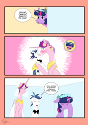 Size: 3000x4242 | Tagged: safe, artist:egstudios93, imported from derpibooru, princess cadance, shining armor, twilight sparkle, alicorn, pony, unicorn, a canterlot wedding, alternate hairstyle, blushing, bowtie, caught, clothes, comic, dialogue, dress, embarrassed, female, floppy ears, height difference, horn, husband and wife, kiss on the lips, kissing, male, mare, meme, messy mane, shiningcadance, shipping, speech bubble, straight, the bride and the ugly ass groom, unicorn twilight, wedding dress