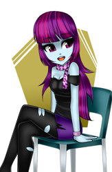 Size: 976x1500 | Tagged: safe, artist:nekojackun, imported from derpibooru, mystery mint, human, equestria girls, background human, bare shoulders, beautiful, chair, clothes, crossed legs, cute, female, legs, miniskirt, moe, mysterybetes, open mouth, open smile, pantyhose, patreon, patreon logo, ripped pantyhose, scarf, simple background, sitting, skirt, smiling, solo, white background