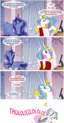 Size: 676x1297 | Tagged: safe, artist:chu-man, imported from derpibooru, princess celestia, princess luna, alicorn, comic, computer, meme, traditional royal canterlot voice, trollestia, trollface, trololo