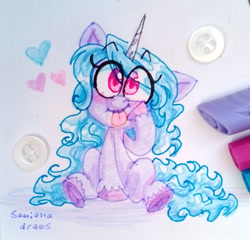 Size: 1280x1228 | Tagged: safe, artist:soniana_draws, imported from derpibooru, izzy moonbow, pony, unicorn, button, chibi, cute, floating heart, g5, heart, horn, izzybetes, markers, traditional art