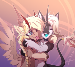 Size: 2904x2594 | Tagged: safe, artist:midnightflight, imported from derpibooru, oc, classical unicorn, pegasus, pony, unicorn, cloven hooves, collar, horn, hug, leonine tail, unicorn oc, unshorn fetlocks