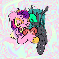 Size: 2048x2048 | Tagged: safe, artist:larvaecandy, imported from derpibooru, princess cadance, queen chrysalis, alicorn, changeling, changeling queen, pony, cadalis, duo, female, heart, infidelity, lesbian, shipping