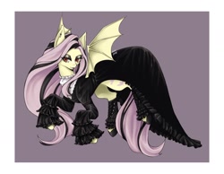 Size: 1596x1240 | Tagged: safe, artist:yekie, imported from derpibooru, fluttershy, bat pony, pony, bat ponified, bat wings, clothes, dress, dyed mane, eyeshadow, female, flutterbat, fluttergoth, lidded eyes, makeup, mare, race swap, solo, spread wings, wings