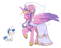 Size: 2443x1917 | Tagged: safe, artist:paichi-art, imported from derpibooru, princess cadance, shining armor, alicorn, pony, unicorn, alternate hairstyle, blush lines, blush sticker, blushing, clothes, dress, female, heart, horn, male, mare, meme, partially open wings, shiningcadance, shipping, simple background, size difference, smiling, stallion, straight, stylistic suck, the bride and the ugly ass groom, veil, wedding dress, wedding veil, white background, wings