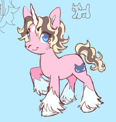 Size: 729x763 | Tagged: safe, artist:fluttershyes, imported from derpibooru, oc, oc only, unnamed oc, pony, unicorn, blue background, blue eyes, coat markings, colored hooves, colored horn, colored pinnae, eye clipping through hair, eyelashes, facial hair, facial markings, horn, male, nose piercing, piercing, pink coat, ponysona, raised hoof, septum piercing, short mane, short tail, simple background, sketch, smiling, socks (coat markings), solo, stallion, star (coat marking), tail, two toned mane, two toned tail, unicorn oc, unshorn fetlocks, wingding eyes