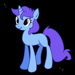 Size: 676x676 | Tagged: safe, artist:fluttershyes, imported from derpibooru, oc, oc only, unnamed oc, pony, unicorn, black background, blue coat, blue eyes, countershading, eyelashes, female, horn, long mane, long tail, mare, purple mane, purple tail, simple background, smiling, solo, sparkles, tail, unicorn horn, unicorn oc, wingding eyes