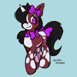 Size: 715x717 | Tagged: safe, artist:fluttershyes, imported from derpibooru, oc, oc only, oc:softie cuddle, pony, unicorn, appaloosa, black mane, black tail, blaze (coat marking), blue background, bow, brown coat, coat markings, colored belly, colored horn, colored muzzle, colored sketch, commission, eyelashes, eyeshadow, facial markings, female, hair bow, hair over one eye, horn, lidded eyes, long mane, long tail, looking back, makeup, mare, neck bow, pale belly, purple eyes, signature, simple background, sketch, smiling, spots, spotted, tail, tail bow, unicorn oc