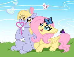 Size: 1280x999 | Tagged: safe, artist:lbrcloud, imported from derpibooru, derpy hooves, fluttershy, butterfly, pegasus, pony, blowing bubbles, bubble wand, chest fluff, cute, derpabetes, derpyshy, eye clipping through hair, female, folded wings, lesbian, looking up, lying down, mare, missing cutie mark, prone, shipping, shyabetes, sitting, spread legs, spreading, wings