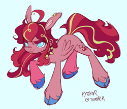 Size: 842x724 | Tagged: safe, artist:fluttershyes, imported from derpibooru, pinkie pie, pegasus, pony, ahoge, alternate color palette, alternate cutie mark, alternate design, alternate hair color, alternate hairstyle, alternate tail color, alternate universe, big ears, blue background, blue eyes, cloven hooves, collar, colored eyebrows, colored hooves, colored pinnae, colored sketch, commission, ear piercing, earring, eye clipping through hair, eyebrows, eyebrows visible through hair, facial hair, female, jewelry, lip piercing, long mane, long tail, mare, multicolored mane, multicolored tail, narrowed eyes, partially open wings, pegasus pinkie pie, piercing, pink coat, pink mane, pink tail, race swap, raised hoof, redesign, scar, signature, simple background, sketch, small wings, smiling, solo, spiked collar, tail, unshorn fetlocks, wide stance, wingding eyes, wings