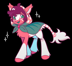 Size: 937x867 | Tagged: safe, artist:fluttershyes, imported from derpibooru, oc, oc only, oc:strawberry shortstack, earth pony, pony, ambiguous gender, black background, blaze (coat marking), cape, chest fluff, clothes, coat markings, colored eyelashes, colored hooves, colored mouth, colored pinnae, commission, ear tufts, earth pony oc, eye clipping through hair, eyebrows, eyebrows visible through hair, eyelashes, facial markings, fetlock tuft, freckles, green eyes, hooded cape, leonine tail, looking at you, purple mane, red coat, short mane, simple background, smiling, smiling at you, socks (coat markings), solo, sparkles, standing, tail, tail fluff, two toned tail