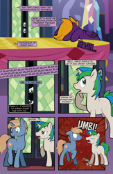 Size: 1920x2948 | Tagged: safe, artist:alexdti, imported from derpibooru, oc, oc only, oc:brainstorm (alexdti), oc:purple creativity, oc:star logic, pegasus, pony, unicorn, comic:quest for friendship retold, female, horn, male, mare, offscreen character, stallion, twilight's castle