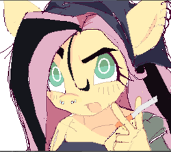 Size: 1091x972 | Tagged: safe, artist:fluttershyes, imported from derpibooru, fluttershy, anthro, pegasus, pony, blushing, bust, cigarette, clothes, dyed mane, ear piercing, earring, eyebrows, eyelashes, hat, jacket, jewelry, long mane, nose piercing, open mouth, piercing, raised eyebrow, septum piercing, simple background, solo, teal eyes, two toned mane, white background, wingding eyes, wip