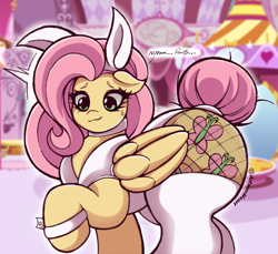 Size: 2048x1875 | Tagged: safe, alternate version, artist:artmorheart, imported from derpibooru, fluttershy, pegasus, pony, adorasexy, alternate hairstyle, animal costume, bunny costume, bunny ears, butt, clothes, costume, cute, fishnets, flutterbutt, large butt, raised hoof, sexy, smiling, sweat, sweatdrop, wide hips, wings