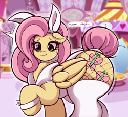 Size: 2048x1875 | Tagged: safe, alternate version, artist:artmorheart, imported from derpibooru, fluttershy, pegasus, pony, adorasexy, alternate hairstyle, bunny ears, bunny girl, bunny suit, butt, choker, chokershy, clothes, cute, fishnets, flutterbutt, large butt, raised hoof, sexy, smiling, socks, stockings, sweat, sweatdrop, thigh highs, wide hips, wings