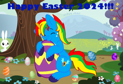 Size: 7165x4890 | Tagged: safe, artist:shieldwingarmorofgod, imported from derpibooru, angel bunny, oc, oc:shield wing, alicorn, rabbit, 2024, alicorn oc, animal, easter, easter egg, female, holiday, horn, male, solo, wings