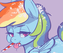 Size: 551x471 | Tagged: safe, artist:lizombie, imported from derpibooru, rainbow dash, pegasus, pony, candy, candy cane, cropped, drool, female, food, licking, lidded eyes, mare, mouth hold, snow, solo, tongue out