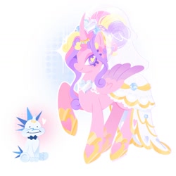 Size: 1440x1440 | Tagged: safe, artist:beaniebearz, imported from derpibooru, princess cadance, shining armor, alicorn, pony, unicorn, alternate hairstyle, bowtie, clothes, dress, female, floating heart, heart, heart eyes, horn, horn ring, jewelry, looking at you, male, mare, meme, messy mane, ring, shiningcadance, shipping, simple background, sitting, size difference, smiling, smiling at you, stallion, straight, the bride and the ugly ass groom, veil, wedding dress, wedding veil, white background, wingding eyes