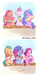 Size: 2343x4617 | Tagged: safe, artist:frank3dz, imported from derpibooru, hitch trailblazer, izzy moonbow, pipp petals, sunny starscout, zipp storm, earth pony, pegasus, pony, unicorn, adorapipp, adorazipp, applejack (g5), blaze (coat marking), bubble tea, coat markings, corn, cornrows, cute, drink, drinking, eating, facial markings, female, fluttershy (g5), food, french fries, g5, giant food, high res, hitchbetes, horn, ice cream, izzybetes, male, mane five, mane six (g5), mane stripe sunny, mare, misty brightdawn, mistybetes, pinkie pie (g5), popcorn, rainbow dash (g5), rarity (g5), rebirth misty, smoothie, socks (coat markings), stallion, sunnybetes, that pony sure does love popcorn, twilight sparkle (g5), unshorn fetlocks, watermelon