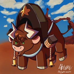 Size: 2048x2048 | Tagged: safe, imported from derpibooru, bull, them's fightin' herds, 2022, bell, chibi, cloven hooves, community related, cute, dated, harness, male, signature, solo, tack, texas (tfh)