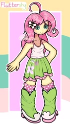 Size: 1080x1920 | Tagged: safe, artist:rubytwinklemoon, imported from derpibooru, fluttershy, human, equestria girls, :3, boots, clothes, eye clipping through hair, eyebrows, eyeshadow, female, hairpin, high heel boots, makeup, pigeon toed, shoes, simple background, smiling, socks, solo, tanktop, text, watermark