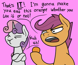 Size: 2048x1708 | Tagged: safe, artist:ewoudcponies, imported from derpibooru, scootaloo, sweetie belle, pegasus, pony, unicorn, dialogue, duo, duo female, female, filly, foal, food, fruit, horn, open mouth, orange, pink background, simple background