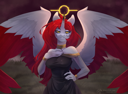 Size: 3424x2515 | Tagged: safe, artist:tenta, imported from derpibooru, oc, oc:dersha, alicorn, anthro, alicorn oc, clothes, dress, horn, teary eyes, wings