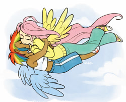 Size: 550x445 | Tagged: artist needed, source needed, safe, imported from derpibooru, fluttershy, rainbow dash, human, female, flutterdash, hug, humanized, kissing, lesbian, shipping, signature, wings