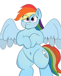 Size: 616x767 | Tagged: safe, artist:theonlyone, imported from derpibooru, rainbow dash, pegasus, pony, belly button, bipedal, blushing, ear fluff, eye clipping through hair, female, lineart, shading, simple background, solo, spread wings, standing on two hooves, thighs, thunder thighs, white background, wings, wip