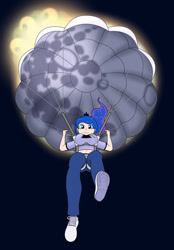 Size: 1900x2729 | Tagged: safe, artist:phallen1, imported from derpibooru, princess luna, human, clothes, eclipse, female, from below, humanized, jumpsuit, parachute, pink floyd, pun, skydiving, solar eclipse, solo, sun, the dark side of the moon, visual pun