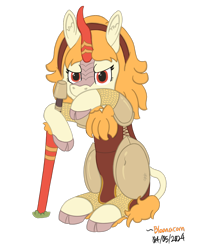 Size: 988x1250 | Tagged: safe, artist:bloonacorn, imported from derpibooru, oc, oc only, oc:gloria graces, kirin, cloven hooves, kirin oc, lance, simple background, solo, transparent background, weapon