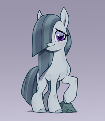 Size: 2200x2525 | Tagged: safe, artist:aquaticvibes, imported from derpibooru, marble pie, earth pony, pony, blushing, cute, female, gradient background, hair over one eye, looking at you, marblebetes, mare, raised hoof, rock, smiling, smiling at you, solo