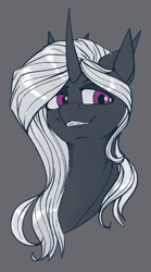 Size: 500x900 | Tagged: safe, artist:stray prey, imported from derpibooru, oc, oc only, oc:sinfonie, pony, curved horn, gray background, horn, horns, longmoran, simple background, solo