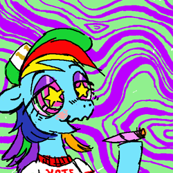 Size: 500x500 | Tagged: safe, artist:wizardlyfodder, imported from derpibooru, rainbow dash, pony, blushing, clothes, drug use, drugs, female, hat, high, joint, mare, marijuana, psychedelic, shirt, solo, starry eyes, wingding eyes