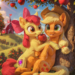 Size: 4096x4096 | Tagged: safe, imported from derpibooru, apple bloom, applejack, earth pony, pony, against tree, ai content, ai generated, apple, cuddling, duo, duo female, female, food, generator:pony diffusion v6 xl, generator:stable diffusion, prompter:venisoncreampie, siblings, sisters, sitting, sweet apple acres, tree, wholesome