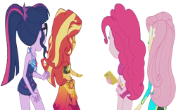 Size: 4047x2520 | Tagged: safe, edit, edited screencap, editor:homersimpson1983, imported from derpibooru, screencap, fluttershy, pinkie pie, sci-twi, sunset shimmer, twilight sparkle, human, equestria girls, background removed, cellphone, clothes, female, not a vector, phone, simple background, smartphone, swimsuit, transparent background