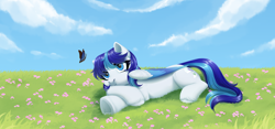 Size: 3088x1440 | Tagged: safe, artist:nika-rain, imported from derpibooru, oc, oc:snowflake flower, butterfly, pegasus, pony, cloud, commission, cute, female, field, not shining armor, sky, solo, ych result