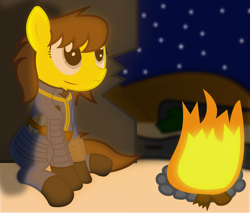 Size: 1300x1110 | Tagged: safe, artist:cardshark777, imported from derpibooru, oc, oc only, oc:liz (cardshark777), earth pony, pony, fallout equestria, broken, brown mane, campfire, clothes, digital art, earth pony oc, fallout, female, fireplace, gray eyes, hill, jumpsuit, looking up, mare, night, pipbuck, rock, shading, shadow, sitting, sky, solo, stars, vault suit, wall, wasteland, wood, yellow coat