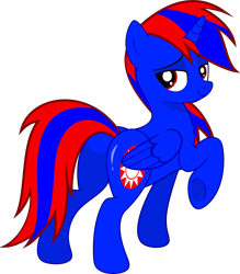 Size: 4097x4669 | Tagged: safe, artist:stephen-fisher, imported from derpibooru, oc, oc only, oc:stephen (stephen-fisher), alicorn, pony, alicorn oc, bedroom eyes, butt, flank, folded wings, horn, lidded eyes, looking back, male, male alicorn, male alicorn oc, plot, raised hoof, red and blue, red eyes, shiny butt, simple background, smiling, smirk, solo, standing, sultry pose, transparent background, wings