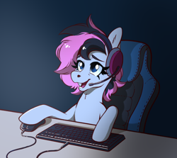 Size: 1872x1672 | Tagged: safe, artist:goodday, imported from derpibooru, oc, oc only, oc:winter heat, fanfic:pink scorch, chair, commission, computer mouse, gaming, gaming chair, happy, headset, keyboard, office chair, solo, tired