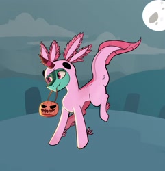 Size: 3001x3118 | Tagged: safe, artist:skully-izzy, imported from derpibooru, oc, oc:ice wisp, axolotl, kirin, clothes, costume, cute, halloween, holiday, kirin oc, male, night, smiling