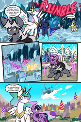 Size: 3000x4500 | Tagged: safe, artist:virmir, imported from derpibooru, princess celestia, princess luna, twilight sparkle, oc, oc:virmare, alicorn, pony, comic:so you've become a pony villain, comic, royal guard, teleportation, this will end in pain, twilight sparkle (alicorn), wings